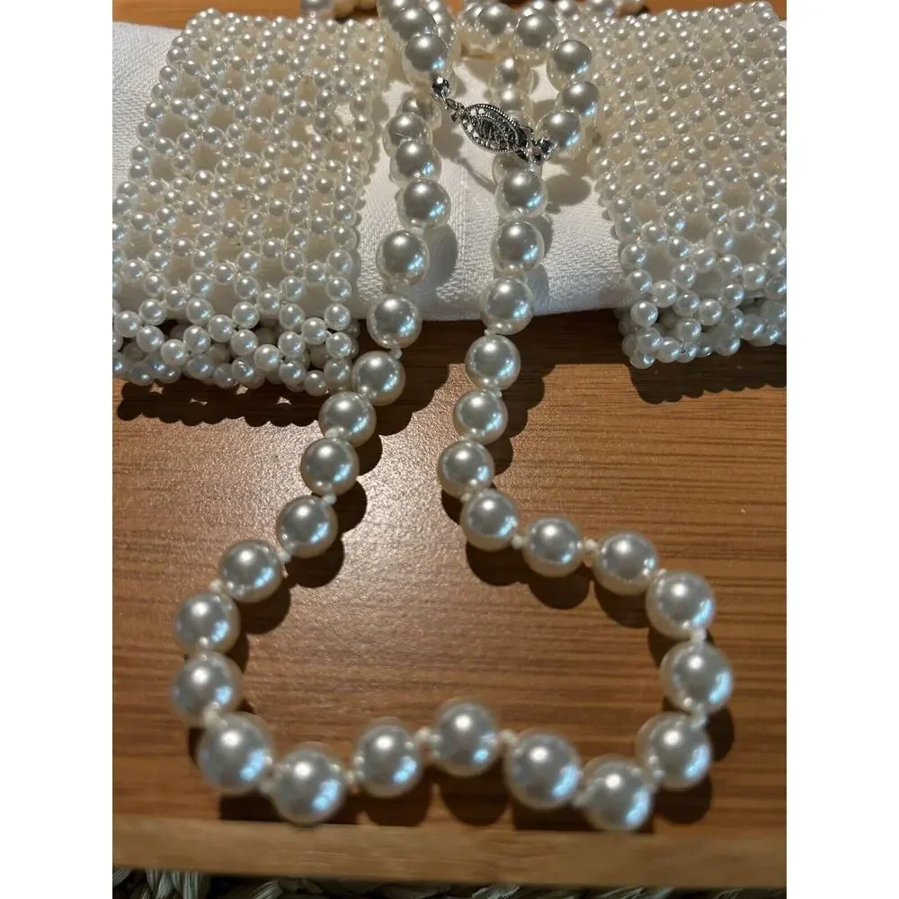 Vntg Lot‎ Faux 2 Pearl Lattice Stretch Bracelets Wide + Strand Knotted Necklace